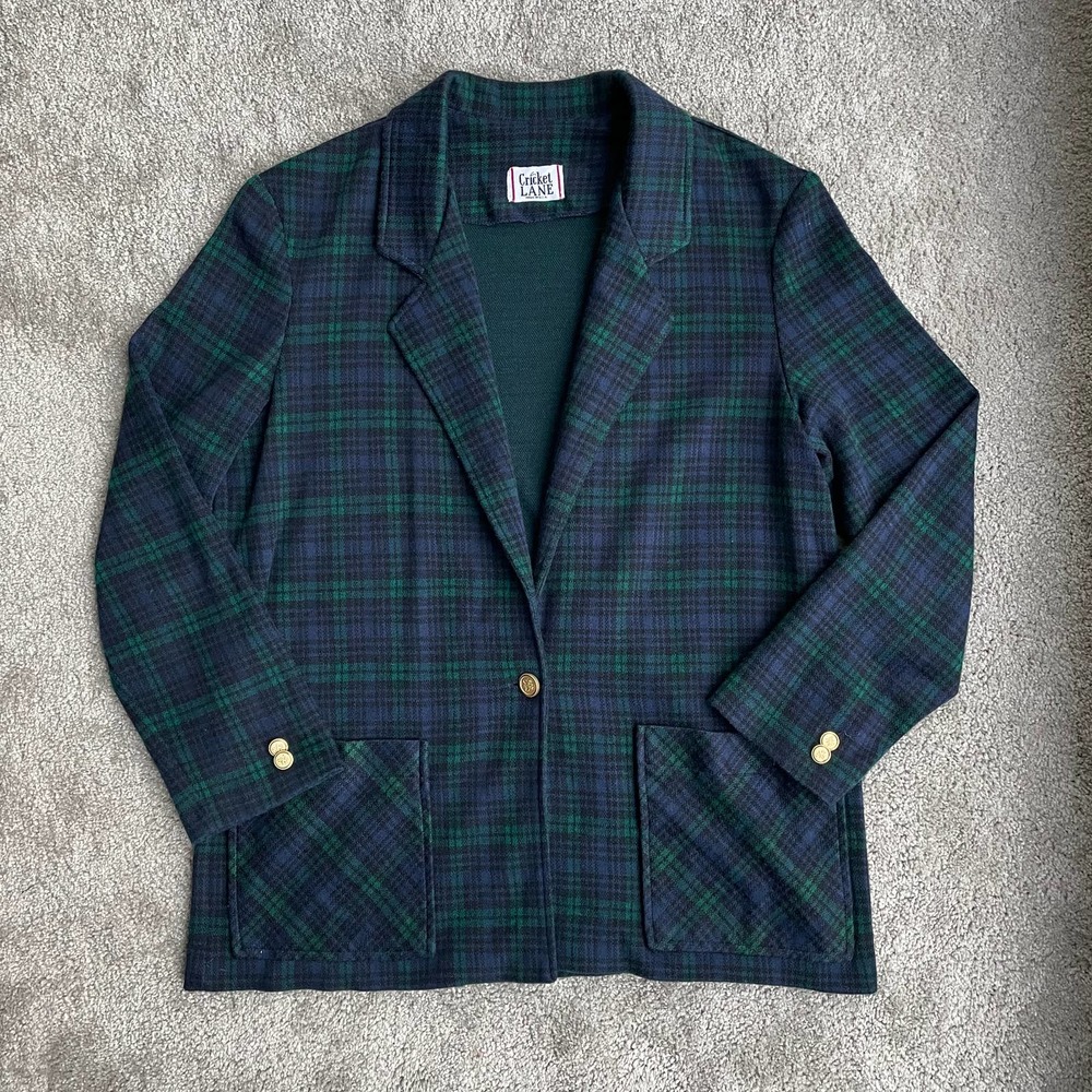 Vintage 80s Navy Green Plaid Knit Blazer Jacket - Size M